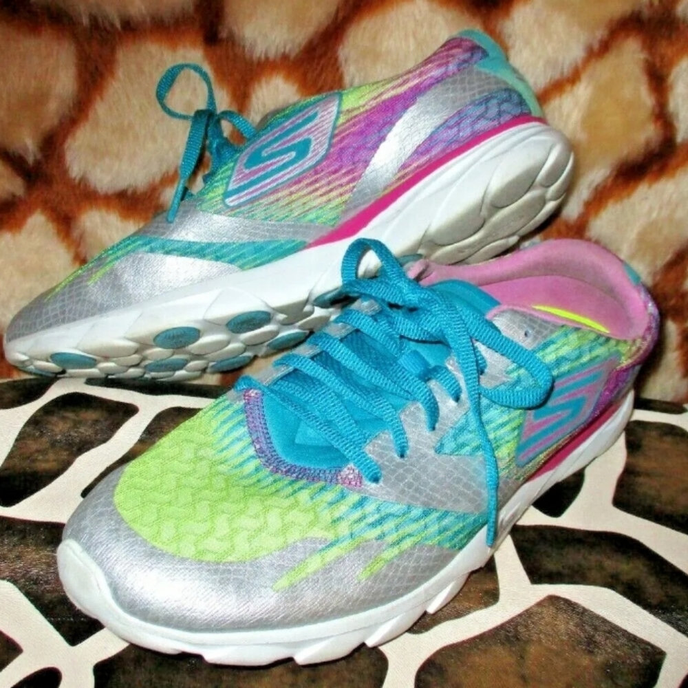 SKECHERS Neon Pink Yellow Blue GoWeb Go Run M Strike Resalyte Running Shoes 9.5